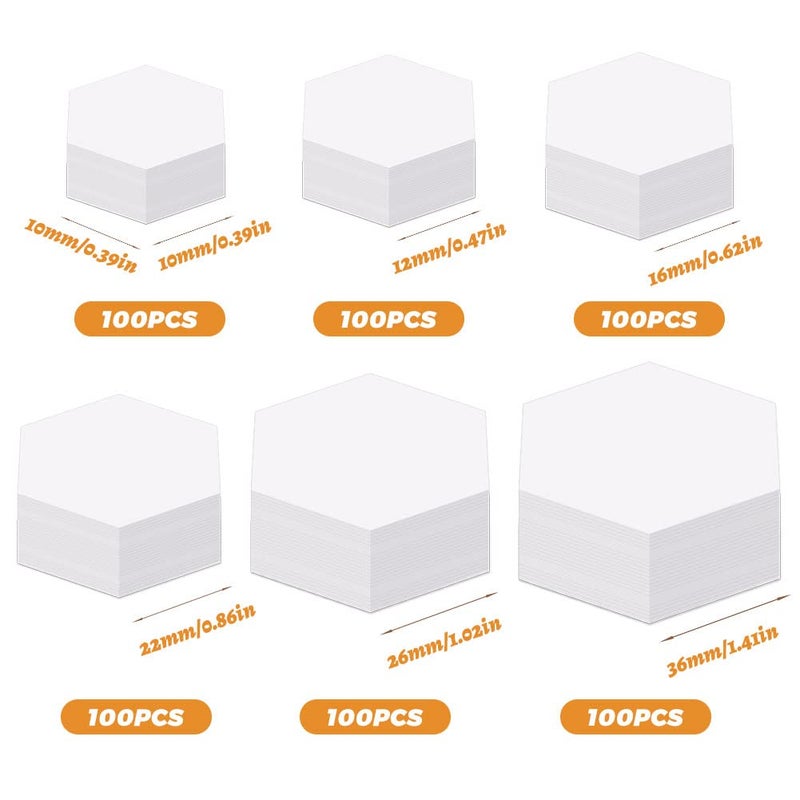 TLKKUE 600 Pieces Paper Piecing Hexagon Paper Piecing Template 6 Sizes White Paper Piecing Quilting Template Hexagon Shape for Quilting, Sewing, Craft Ideas DIY - Image 2